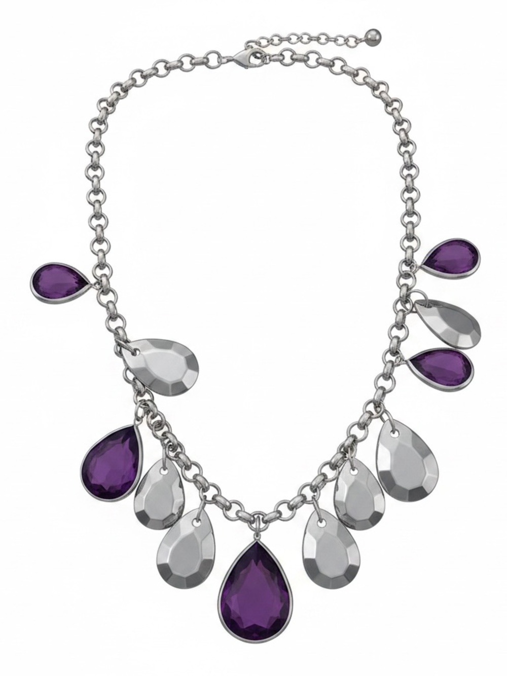 Silver Teardrop Necklace with Purple Gem Accents